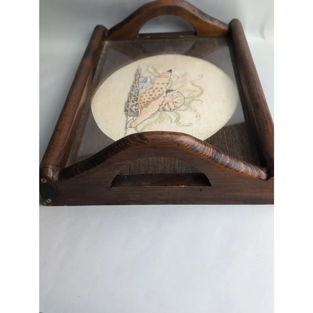 Coastal Seashell Cross-stitch Wood Serving Tray Vintage Cottage